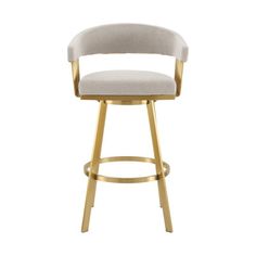 an upholstered bar stool with a gold frame and white fabric seat, against a white background