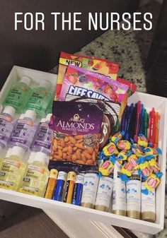 an open drawer with various items in it and the words tips for the nurses on top