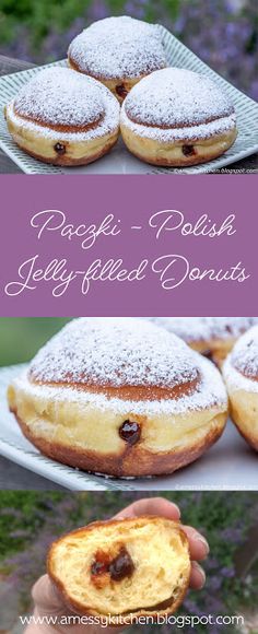 pastries and jelly filled donuts with powdered sugar on them are shown in this collage