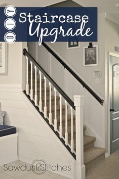 staircase upgrade with blue and white decor on the stairs in this home entryway area