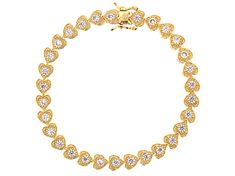 Bella Luce ® white diamond simulant 5.26ctw round, Eterno™ 18k yellow gold over sterling silver heart tennis bracelet. Measures approximately 7.50"L x 0.25"W and has a hidden box closure. The diamond equivalent weight is 3.30ctw. Anniversary Tennis Bracelet For Valentine's Day, Valentine's Day Anniversary Tennis Bracelet, Gold Cubic Zirconia Tennis Bracelet For Valentine's Day, Gold Cz Tennis Bracelet For Valentine's Day, Gold Tennis Bracelet For Valentine's Anniversary, Gold Heart Cut Diamond Bracelet For Anniversary, Gold Tennis Bracelet For Anniversary On Valentine's Day, Gold Diamond Heart Cut Bracelet, Valentine's Day Gift Tennis Bracelet