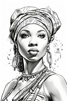 a black and white drawing of a woman wearing a turban with her tongue out