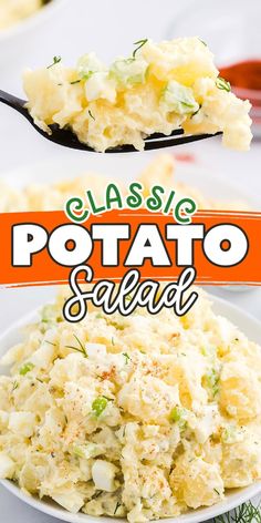 potato salad on a white plate with the words classic potato salad above it