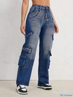 Orcajump - Flap Pockets Y2K & Kpop Style Cargo Pants, Loose Fit High Waist Straight Jeans, Women's Denim Jeans & Clothing High Waist Straight Jeans, Style Cargo Pants, Women's Denim Jeans, Kpop Style, Style Cargo, Pants Loose, Pocket Pattern, Women Denim Jeans, Jean Outfits