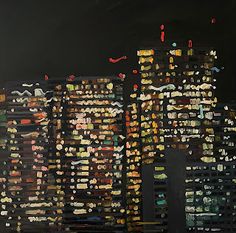 an abstract painting of city lights and buildings