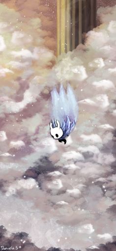 an animated bird flying through the air above clouds and water with a building in the background