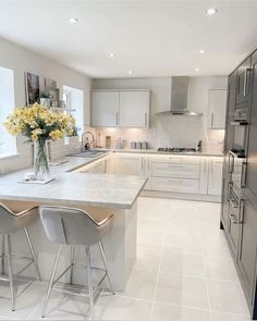 a kitchen with two stools and a center island in front of the stove top