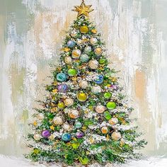 a painting of a christmas tree with ornaments on it