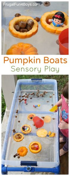 pumpkin boats are an easy and fun fall activity for toddlers to play in the water