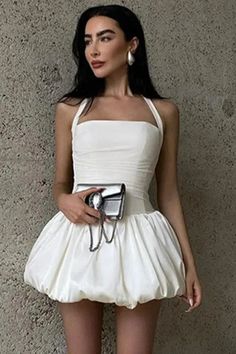 Ruffled Strappy Backless Mini Dress – GOMINGLO White Backless Mini Dress With Ruched Bodice, White Strapless Backless Dress For Prom, Elegant Mini Dress With Ruched Bodice For Day Out, White Halter Neck Dress With Ruffles, White Ruffled Halter Neck Dress, Elegant Fitted Ruched Bubble Dress, Chic Solid Mini Dress For Prom, White Backless Mini Dress For Prom, White Fitted Halter Dress For Prom