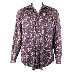 ETRO long sleeve shirt in a khaki and purple cotton blend fabric featuring a paisley pattern, cutaway collar, and button closure. Made in Italy.Excellent Pre-Owned Condition. Marked: 43 Measurements: Shoulder: 17 inches Chest: 43 inches Sleeve: 25.5 inches Length: 33 inches Sui Generis Reference: 129793 Category: Long Sleeve Shirt More Details Brand: ETRO Size: L Gender: Male Color: Purple Color 2: Khaki Pattern: Paisley Fabric: Cotton Style: Button Up Age Group: Adult Paisley Fabric, Cutaway Collar, Button Up Long Sleeve, Paisley Pattern, Cotton Style, Sleeve Cotton, Purple Color, Long Sleeve Shirt, Sleeve Shirt