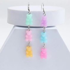 This Colorful Color Block Pair Of Gummy Bear Dangle Earring Is A Delicious Addition To Wardrobe And Your Style!! Super Cute And Unique Kawaii Style! Teddy Bear Gshmvk0060008qw Multicolor Dangle Earrings In Kawaii Style, Hypoallergenic Kawaii Dangle Jewelry, Gummy Bear Jewelry, Multicolor Beaded Kawaii Jewelry, Gummy Bears Earrings, Beads Candy, Candy Jewelry, Gummy Bears, Art Drawings For Kids