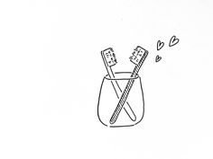 a drawing of two toothbrushes in a cup with hearts coming out of it