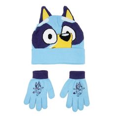 a blue hat and glove set with an angry bird on it