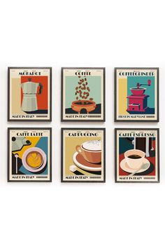 four posters with different types of coffee on them