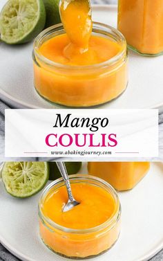 mango coulis in small glass jars on a white plate with two spoons