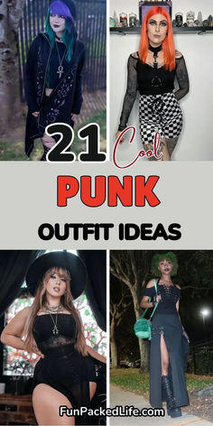 Image showcases four cool punk outfit ideas for women, emphasizing edgy and alternative fashion. The text "21 Cool Punk Outfit Ideas" is boldly displayed. Styles include a gothic black hoodie paired with vibrant green hair, a checkered skirt and mesh top with orange hair, a gothic black dress with a witchy vibe, and a daring black slit skirt with combat boots. Themes include bold colors, statement pieces, and punk-inspired aesthetics, perfect for rebellious and edgy styles.