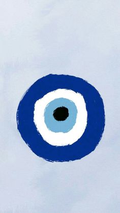 a blue and white painting with an eyeball in the center on a gray background