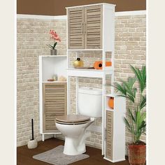 a white toilet sitting next to a tall wooden shelf filled with bathroom items on top of it