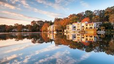 a large body of water with houses on the shore and trees in the back ground