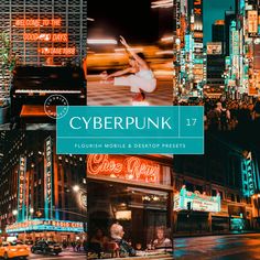 a collage of photos with the words cyberpunk on it and neon lights in the background