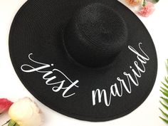 "PRODUCT INFO: -Hat Material: Paper Straw -Head Circumference: 22.5 inches -Brim Width: 6 inches -Brim is easy to reshape -Packable and flexible -Wording reads \"just married\" ORDERING INFO: -When purchasing please leave in the \"notes to seller\" date needed by. -This listing is for any of our standard wording options (Honeymooning/wifey/out of office/do not disturb/etc) but will come as \"just married\" unless otherwise specified! -If ordering Sequin Art please leave which you would like Ex: Black Wide Brim Hat As A Gift, Black Wide Brim Hat As Gift, Sequin Art, Floppy Sun Hat, Bride Hat, Floppy Sun Hats, Beach Bride, Hat Custom, Out Of Office