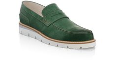 Men`s Penny Loafers 4997 Green Leather Moc Toe Loafers, Casual Green Suede Moccasins, Suede Slip-ons With Brogue Detailing And Round Toe, Casual Suede Loafers With Brogue Detailing, Suede Slip-on Moccasins With Brogue Detailing, Green Suede Loafers With Round Toe, Green Suede Round Toe Loafers, Casual Suede Slip-ons With Brogue Detailing, Green Suede Formal Moccasins