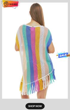 Multicolor Stripe Tasseled Crochet Beach Cover Up Crochet Beach Cover Up, Beach Covers, Cover Up, On Sale, Crochet, Free Shipping