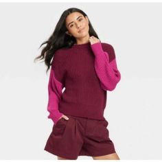 A New Day Women's Size X-Small Burgundy/Pink Crewneck Pullover Knit Sweater Leopard Print Sweater, Pink Crewneck, Womens Crewneck, Versatile Outfits, Burgundy Sweater, Color Block Sweater, New Tops, Knitted Pullover Sweaters, Long Sweaters