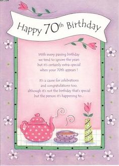 a birthday card with an image of a teapot and cake on it's table