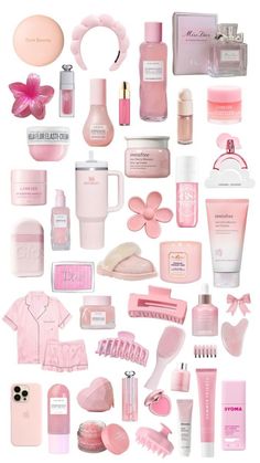 the contents of a woman's pink perfume bottle are arranged on a white background