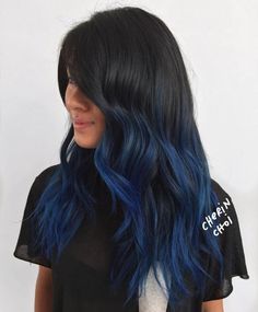 Black Hair With Blue Balayage Highlights Ombre Blue Hair, Black Hair With Blue, Blue Dip Dye Hair, Blue Balayage, Dark Ombre Hair, Ombre Hairstyles, Black Hair Balayage