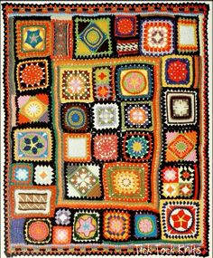 a colorful crocheted afghan with many squares and flowers on the front, in various colors