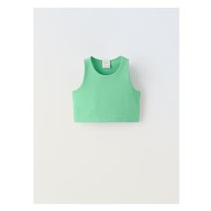 SLEEVELESS CROP TOP Basic Green Seamless Tops, Green Racerback Vest Top, Green Seamless Crop Top, Green Crew Neck Vest For Summer, Basic Seamless Sleeveless Top, Basic Green Tank Top, Trendy Green Racerback Top, Zara Green Stretch Tops, Casual Green Racerback Vest