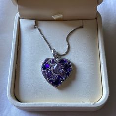 Sterling Silver Purple Heart Necklace. Never Worn. Purple Heart Locket, Purple Locket, Purple Necklaces, Purple Heart Necklace, Crystal Locket, Witch Outfit, Purple Necklace, Trust Issues, Kawaii Stuff