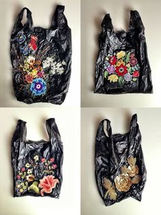 four pictures of black bags with flowers on them