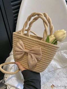 Bird in Bag - Fashionable Double-Handle Decorative Tote Bag Chic Beige Straw Bag With Single Handle, Chic Beige Bucket-shape Bags, Chic Beige Bucket Bag, Chic Straw Tote Bag With Single Handle, Bird In Bag, Bag Bag, Color Khaki, Bucket Bag, Style Casual