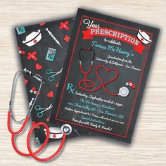 a card with a stethoscope and medical items on it next to a pair of scissors