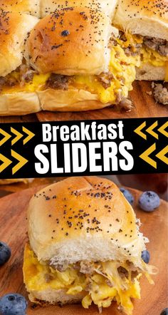 breakfast sliders with cheese and blueberries on a cutting board