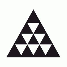 the triangle logo is black and white, with three smaller triangles on top of each other