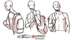 three different views of the back and side of a man's backpack, from front to