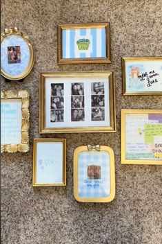 there are many framed pictures on the wall with baby's names and pictures attached to them