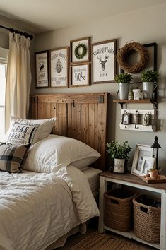 a bed with white sheets and pillows in a bedroom next to a wooden headboard