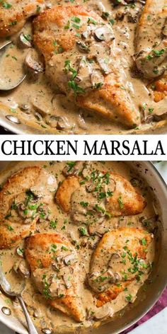 chicken marsala with mushrooms and gravy in a skillet on the side