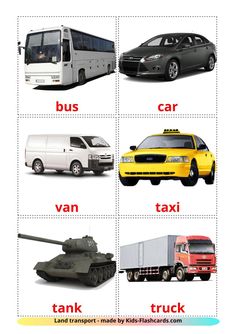 four different types of cars and trucks are shown in this graphic above the words transport, bus, car, taxi, tank, truck