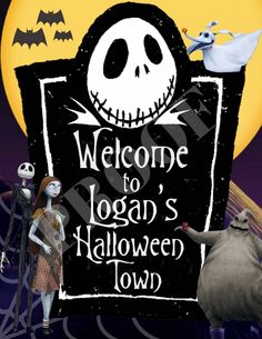 a sign that says welcome to logan's halloween town with skeletons and jack skellingy