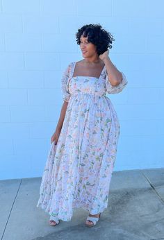 "Look adorable in our Princess Floral Maxi Dress Shop online at www.kamaliiprincess.com Model is 5\"6 wearing a Medium" Princess Style White Dress With Floral Print, White Princess Dress With Floral Print, Summer Princess Dress With Floral Print, Princess Style Floral Print Summer Dress, Summer Floral Print Princess Dress, Spring Princess Style Chiffon Dress, Cute Chiffon Dresses With Floral Print, Summer Princess Style Chiffon Dress, Boutique Clothing Store