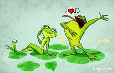 two frogs sitting on top of lily pads with music notes in the air above them