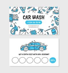 a car wash business card with blue and white doodles on the front, and back