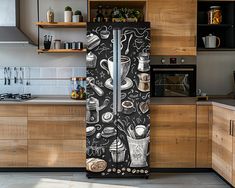 a black and white refrigerator in a kitchen next to wooden cupboards with drawings on it